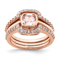 Sterling Silver 3 Piece Rose-tone Pink Crystal & CZ Ring Set view 1