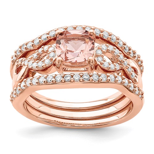 Sterling Silver Rose-tone 3 Piece Pink Crystal & CZ Ring Set