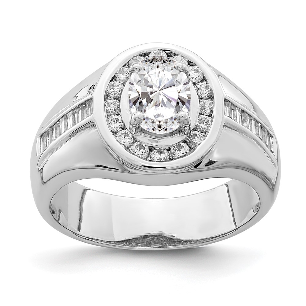 Sterling Silver Rhodium-plated Oval CZ & Baguettes Halo Ring