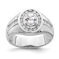 Sterling Silver Rhodium-plated Oval CZ & Baguettes Halo Ring view 1