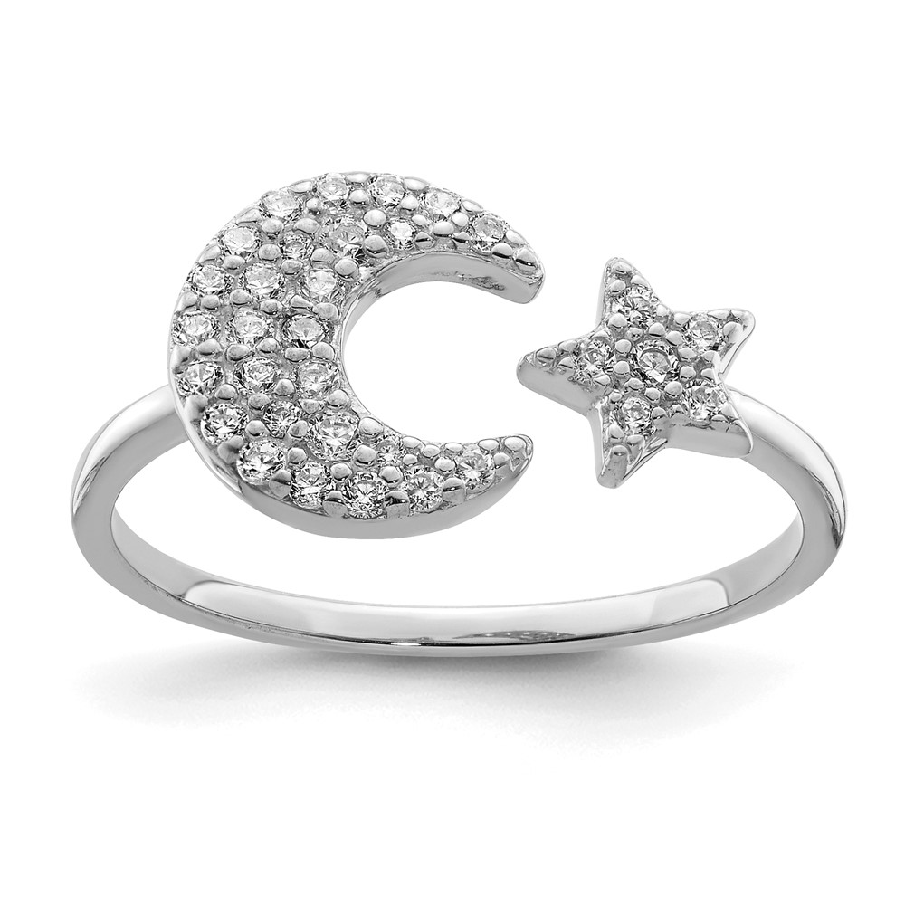Sterling Silver Rhodium Plated CZ Star & Moon Ring (QR6969-6)