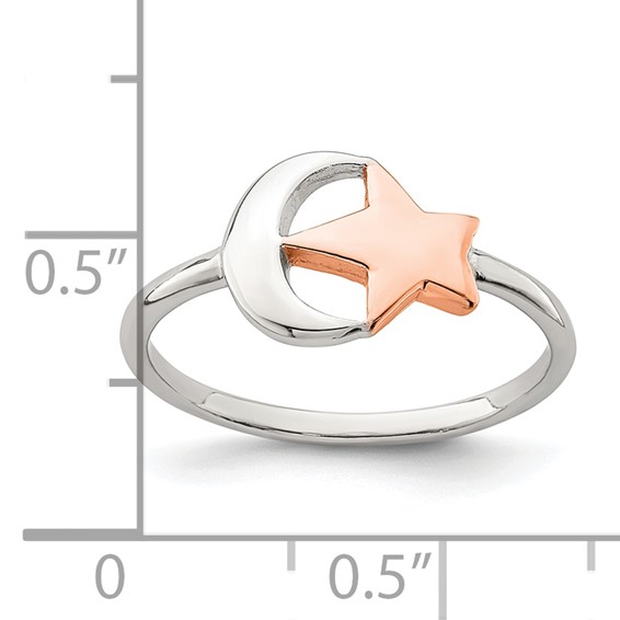 Sterling Silver Rose-tone Moon & Star Ring