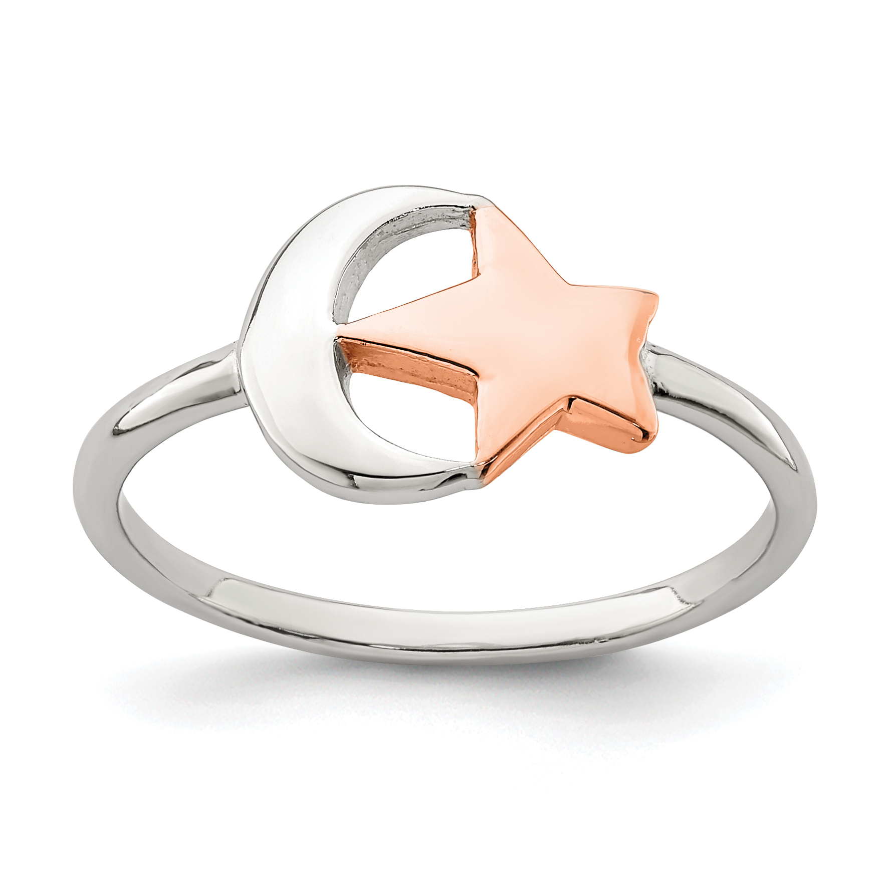 Sterling Silver Rose Tone Moon & Star Ring (QR6971-6)