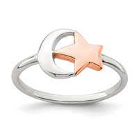 Sterling Silver Rose-tone Moon & Star Ring view 1