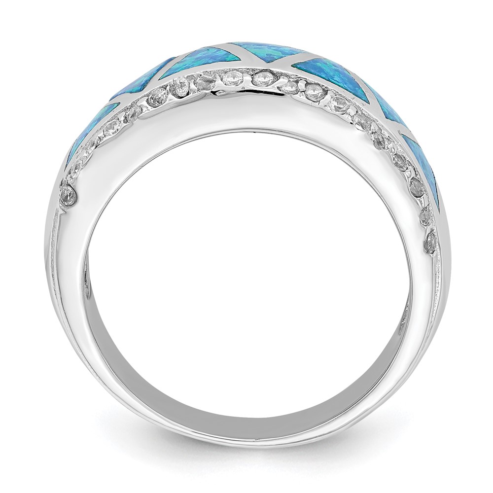 Sterling Silver Rhodium-plated Triangle Lab Created Blue Opal & CZ Ring (QR6991-8)