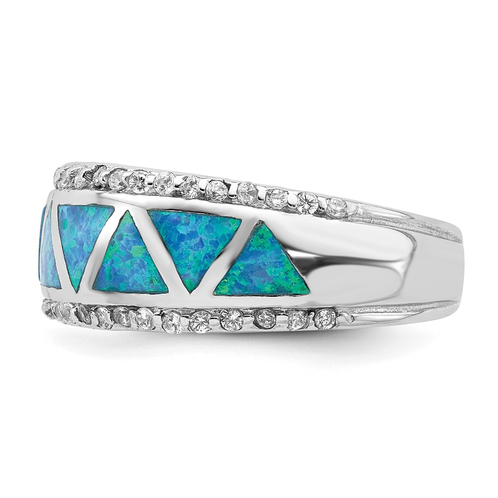 Sterling Silver Rhodium-plated Triangle Lab Created Blue Opal & CZ Ring (QR6991-8)