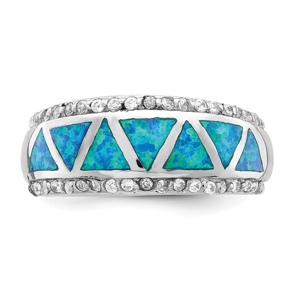 Sterling Silver Rhodium-plated Triangle Lab Created Blue Opal & CZ Ring (QR6991-8)