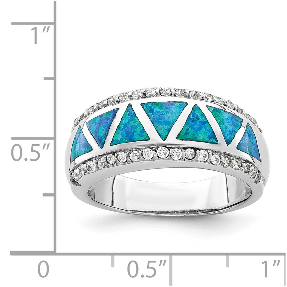Sterling Silver Rhodium-plated Triangle Lab Created Blue Opal & CZ Ring (QR6991-8)