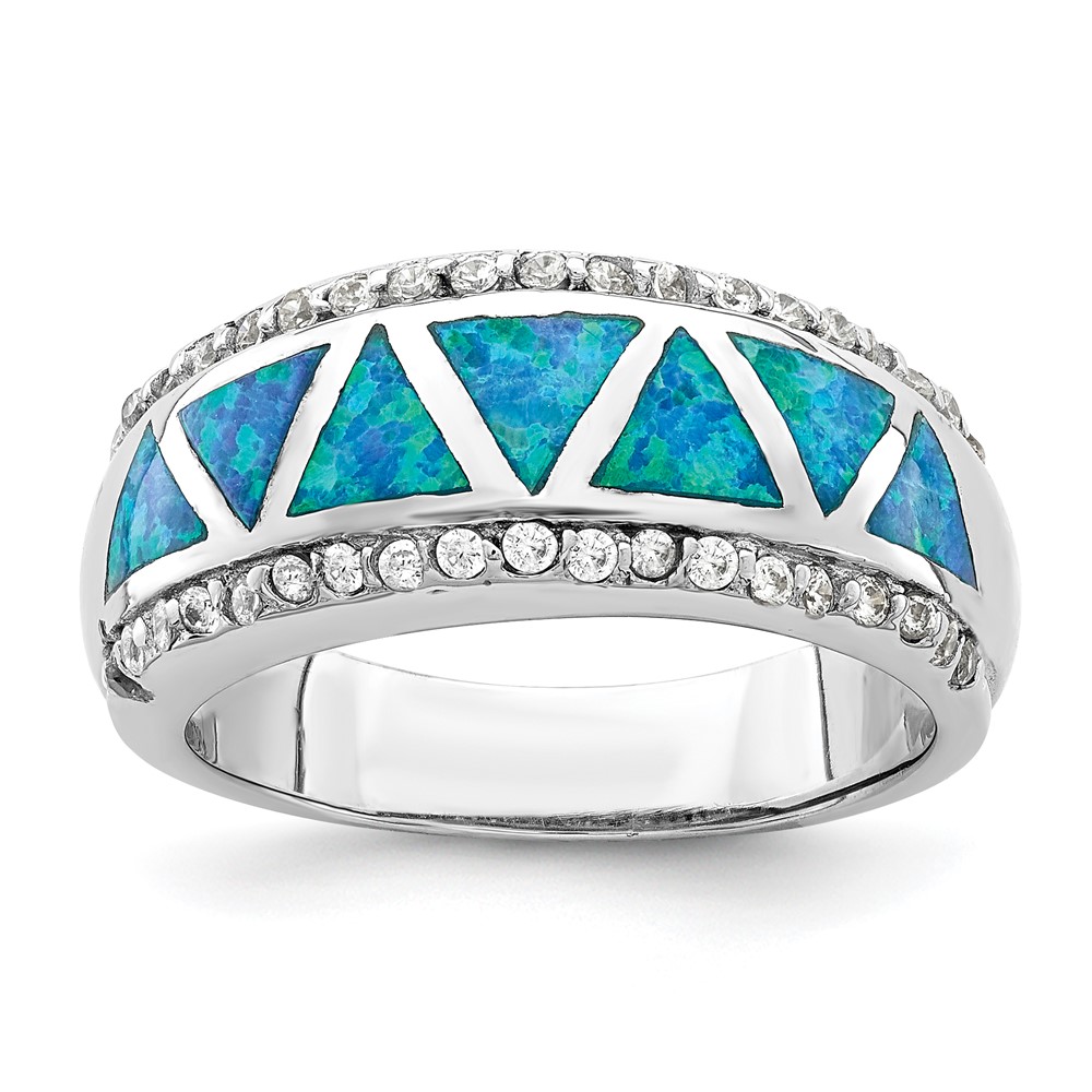 Sterling Silver Rhodium-plated Triangle Lab Created Blue Opal & CZ Ring (QR6991-8)