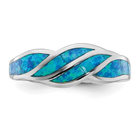 Sterling Silver Rhodium-plated Created Blue Opal Inlay Ring