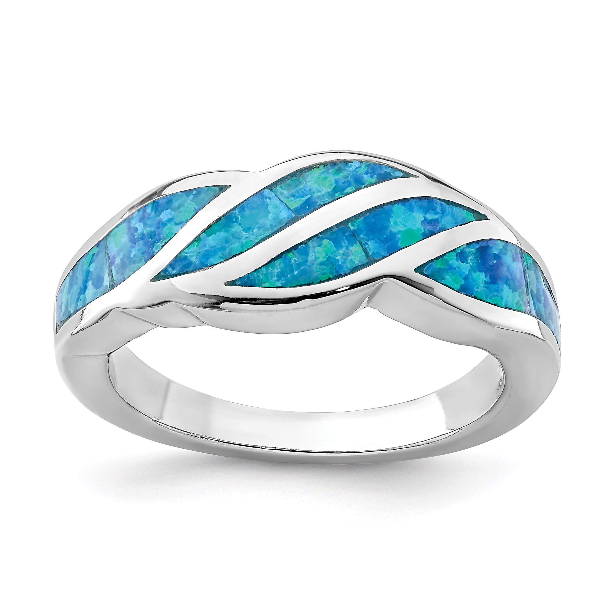 Sterling Silver Rhodium-plated Lab Created Blue Opal Inlay Ring (QR6992-7)
