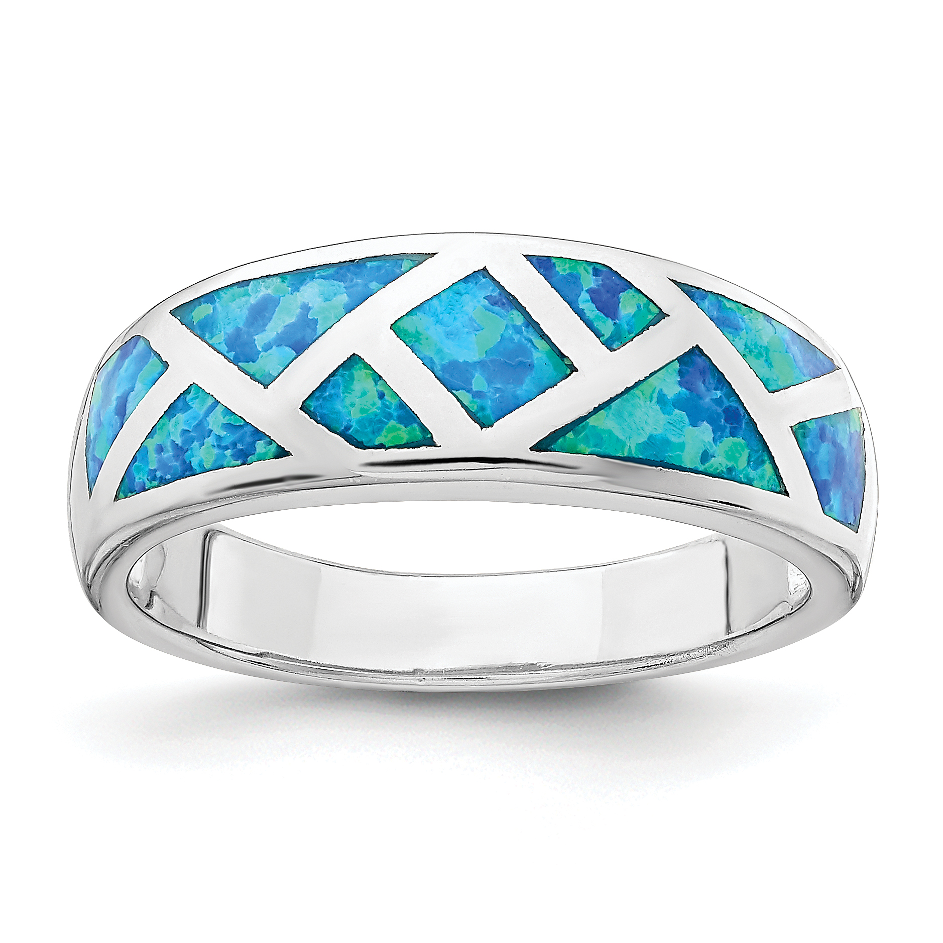 Sterling Silver Rhodium-plated Geometric Lab Created Blue Opal Ring (QR6995-6)