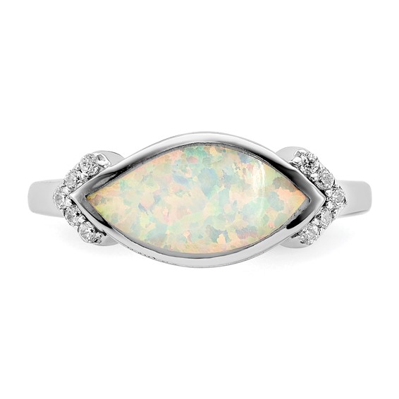Sterling Silver Rhodium-plated Marquise Lab Created Opal & CZ Ring