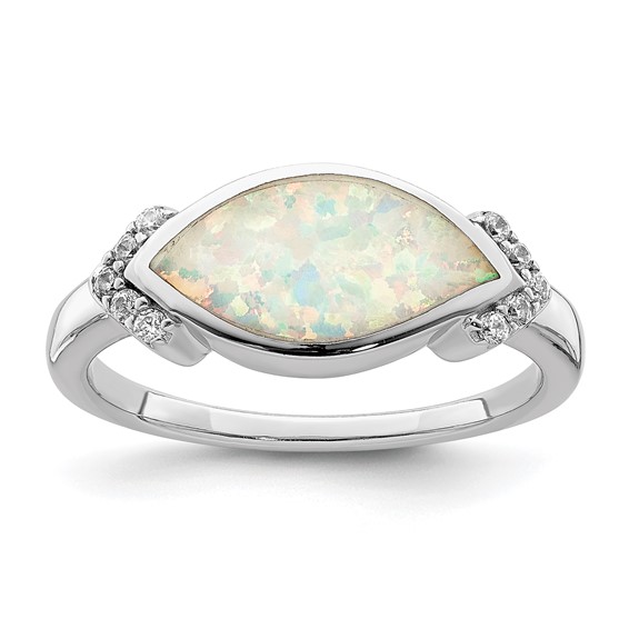 Sterling Silver Rhodium-plated Marquise Lab Created Opal & CZ Ring