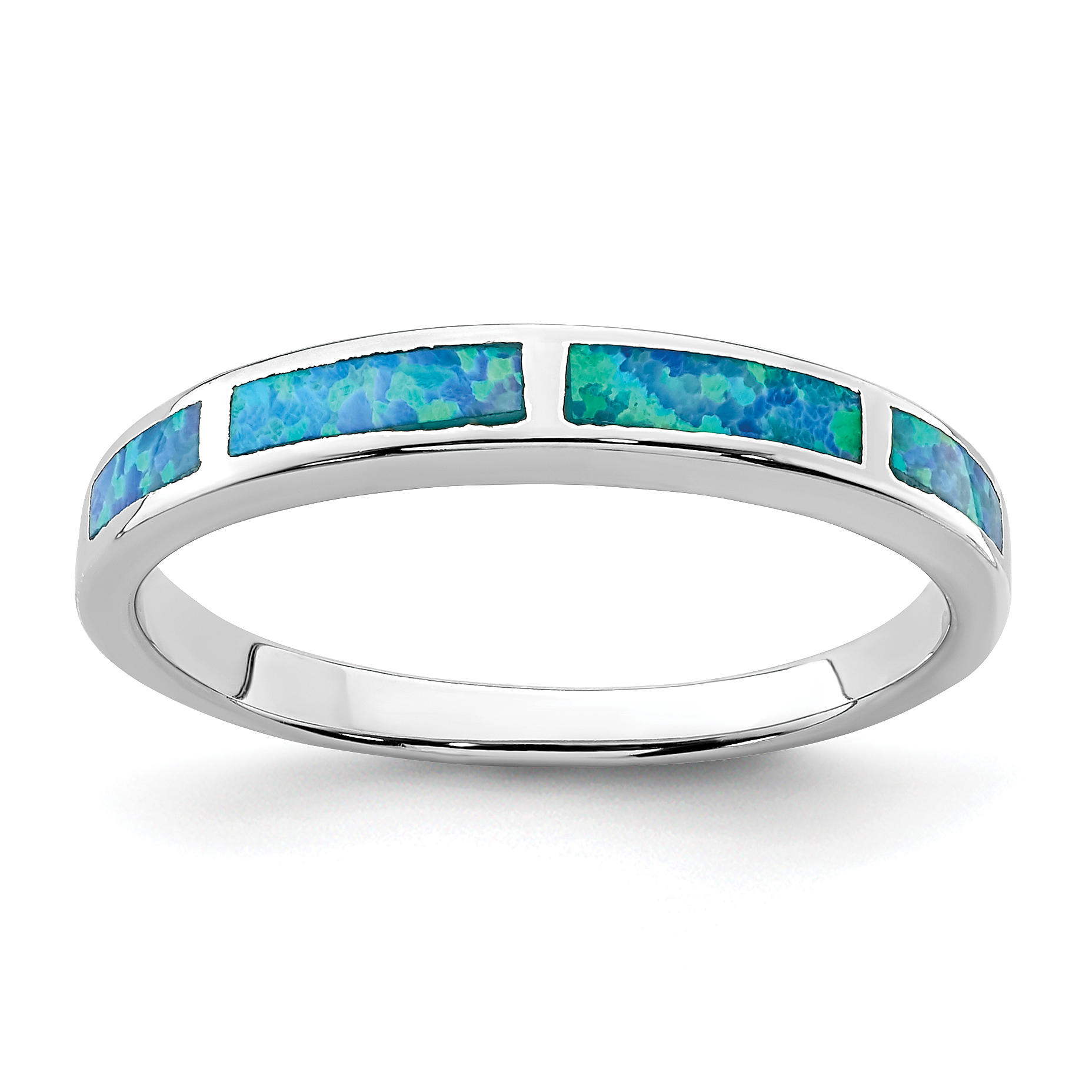 Sterling Silver Rhodium-plated Lab Created Blue Opal Inlay Band (QR6999-7)