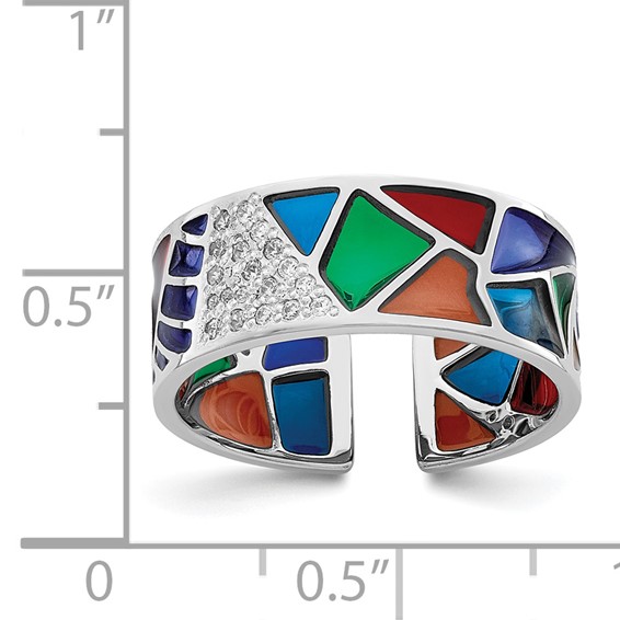Sterling Silver Rhodium-plated Abstract Multi-color Enamel & CZ Cuff Ring