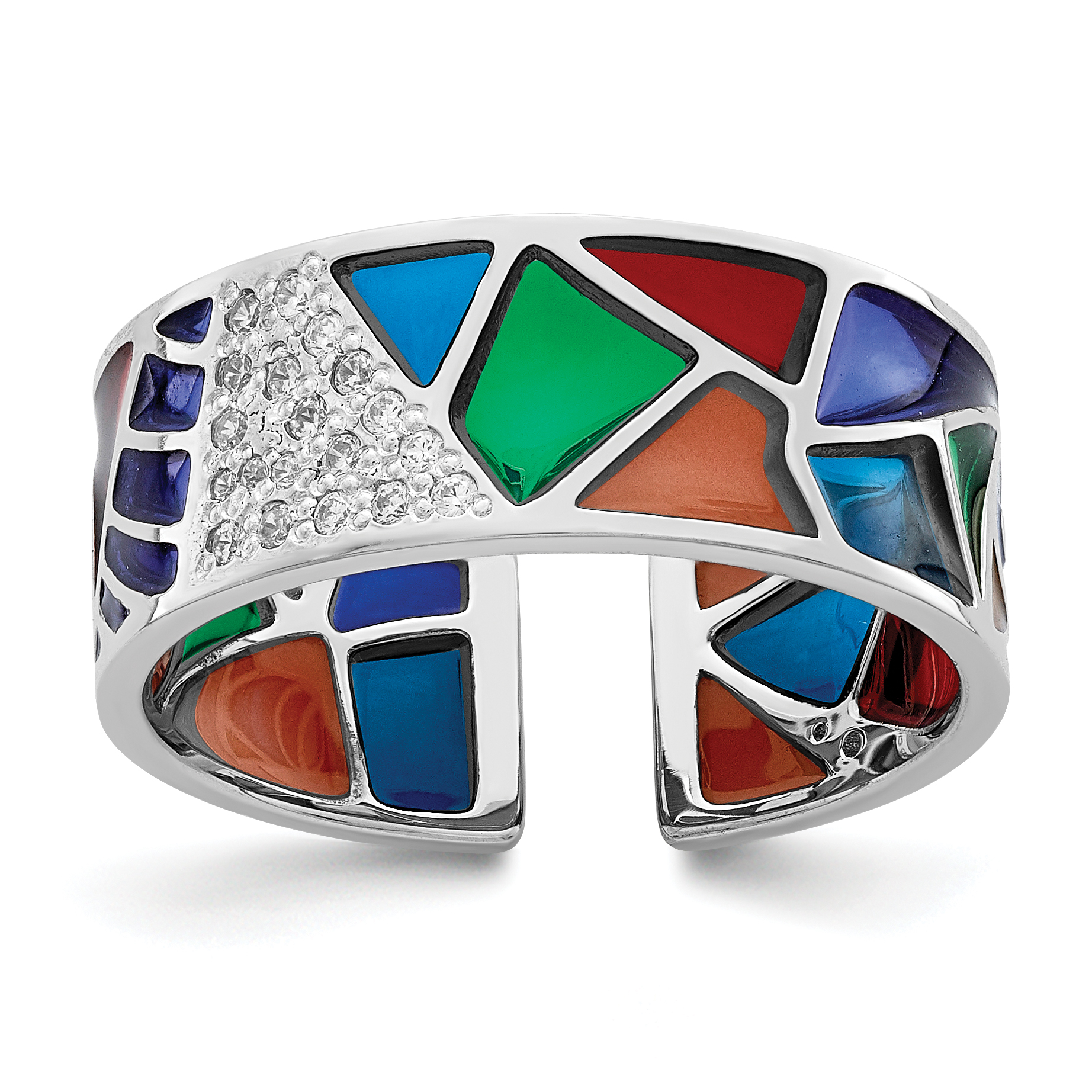 Sterling Silver Rhodium-plated Abstract Multi-color Enamel & CZ Cuff Ring (QR7008-6)