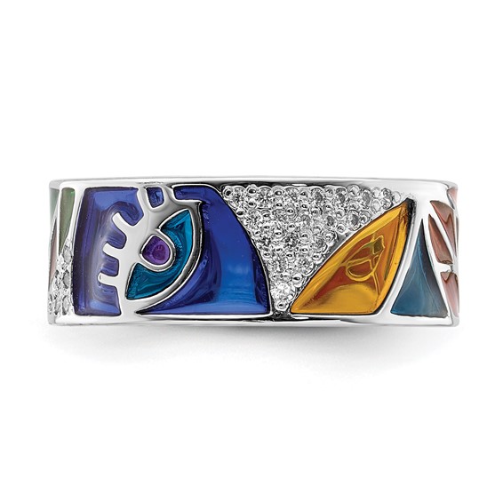 Sterling Silver Rhodium-plated Abstract Multi-color Enamel & CZ Cuff Ring