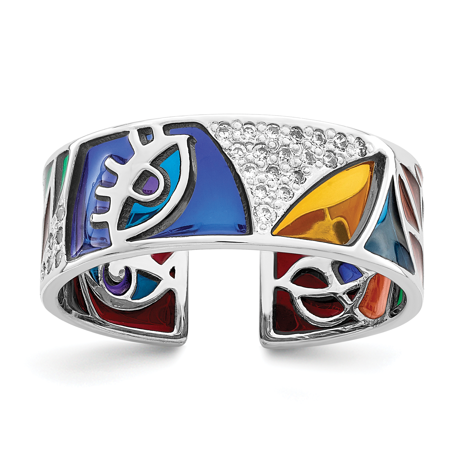 Sterling Silver Rhodium-plated Abstract Multi-color Enamel & CZ Cuff Ring (QR7009-6)