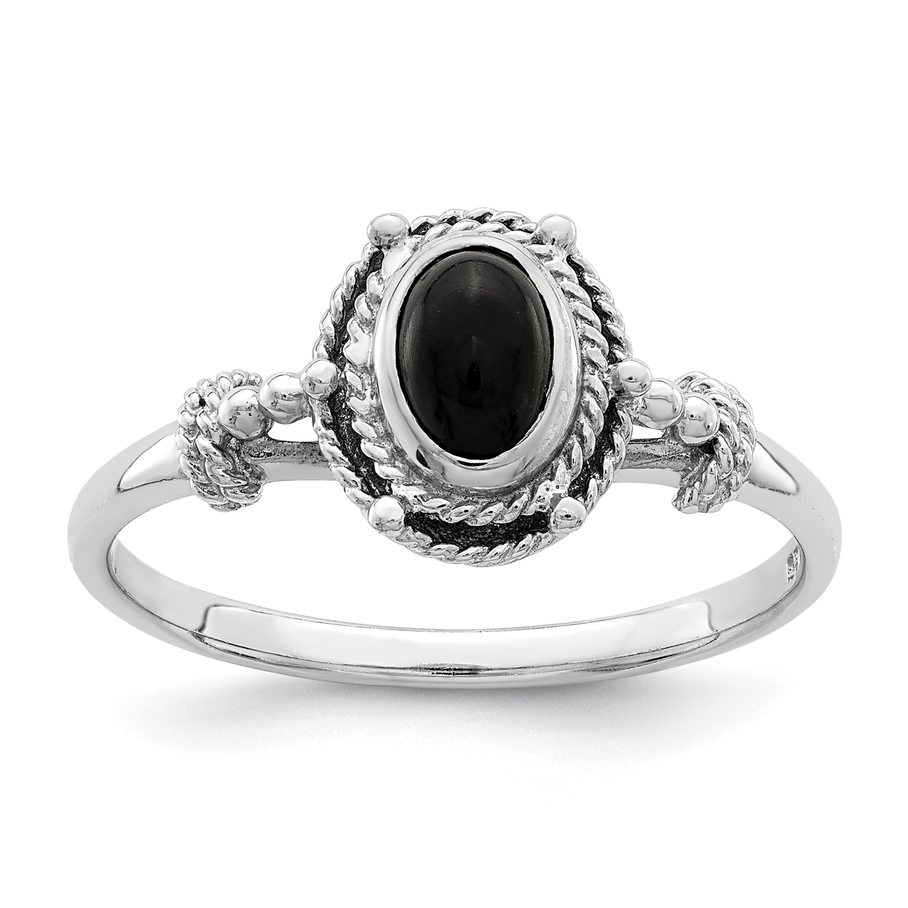 Sterling Silver Rhodium-plated with Black Oval Onyx Stone Ring (QR7011-6)