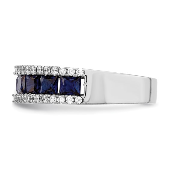Sterling Silver Rhodium-plated Lab Cr Blue Spinel & CZ Ring