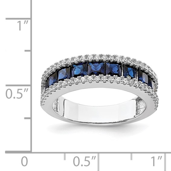 Sterling Silver Rhodium-plated Lab Cr Blue Spinel & CZ Ring