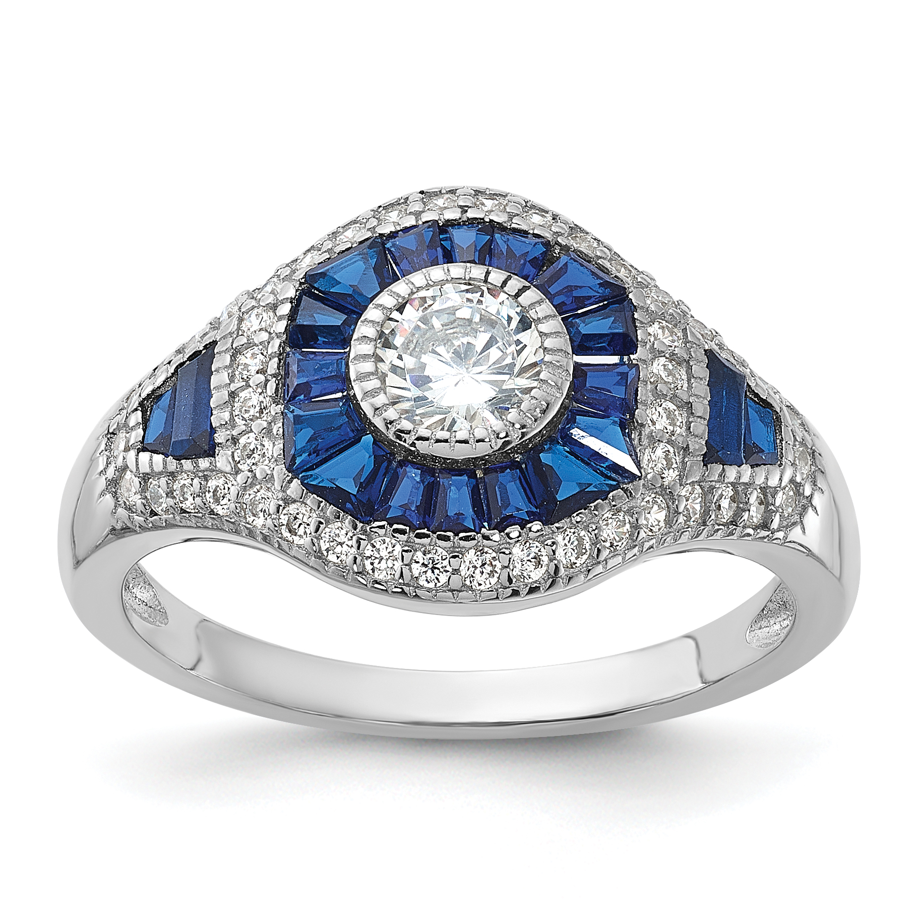 Sterling Silver Rhodium-plated Synthetic Blue Spinel & CZ Ring (QR7015-6)