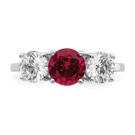 Sterling Silver Rhodium-plated Created Corundum & CZ 3 Stone Ring