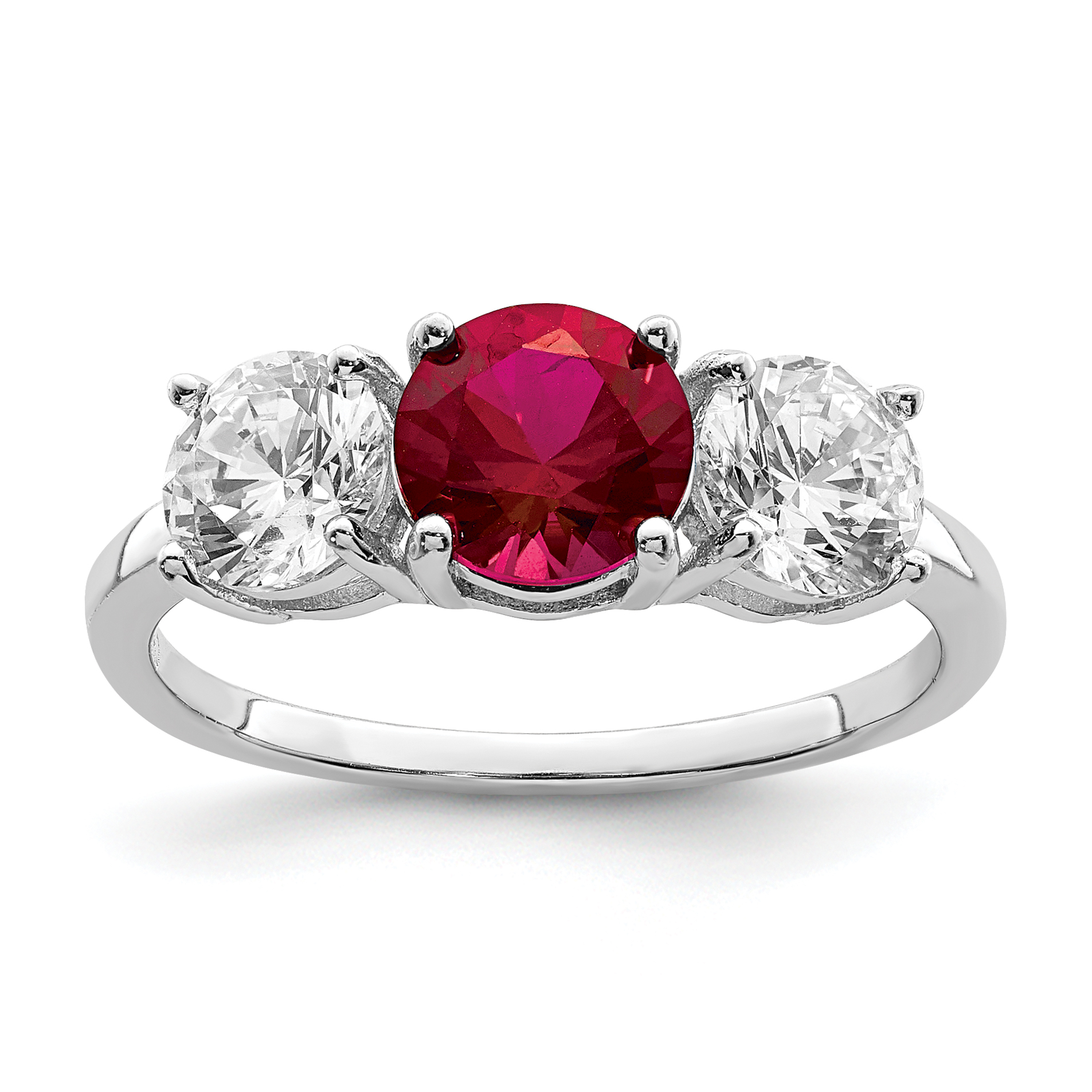 Sterling Silver Rhodium-plated Created Corundum & CZ 3 Stone Ring (QR7021-6)