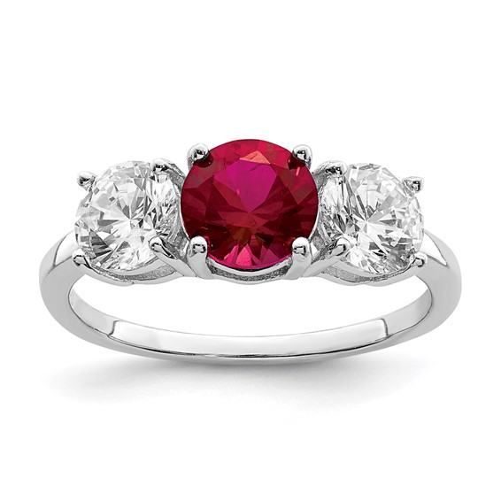 Sterling Silver Rhodium-plated Created Corundum & CZ 3 Stone Ring