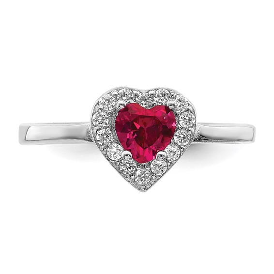 Sterling Silver Rhodium-plated Lab Cr Corundum & CZ Heart Ring