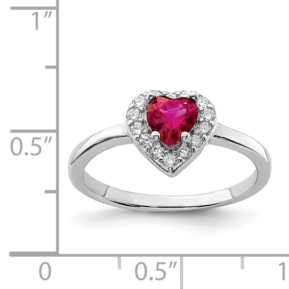 Sterling Silver Rhodium-plated Lab Cr Corundum & CZ Heart Ring