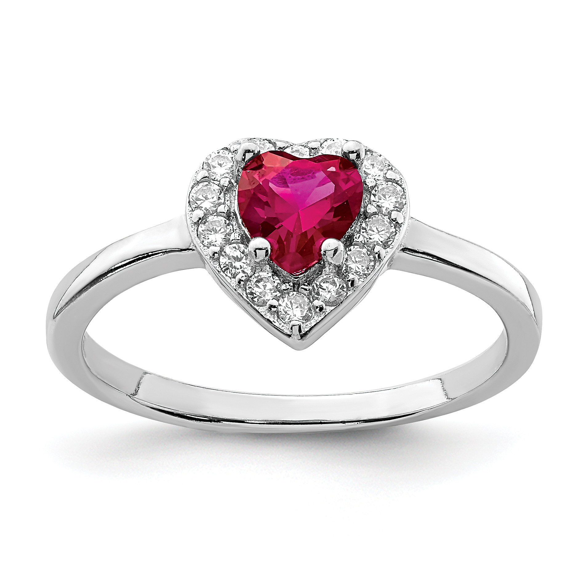 Sterling Silver Rhodium-plated Lab Cr Corundum & CZ Heart Ring (QR7025-7)