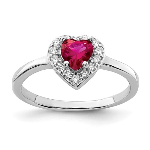 Sterling Silver Rhodium-plated Lab Cr Corundum & CZ Heart Ring