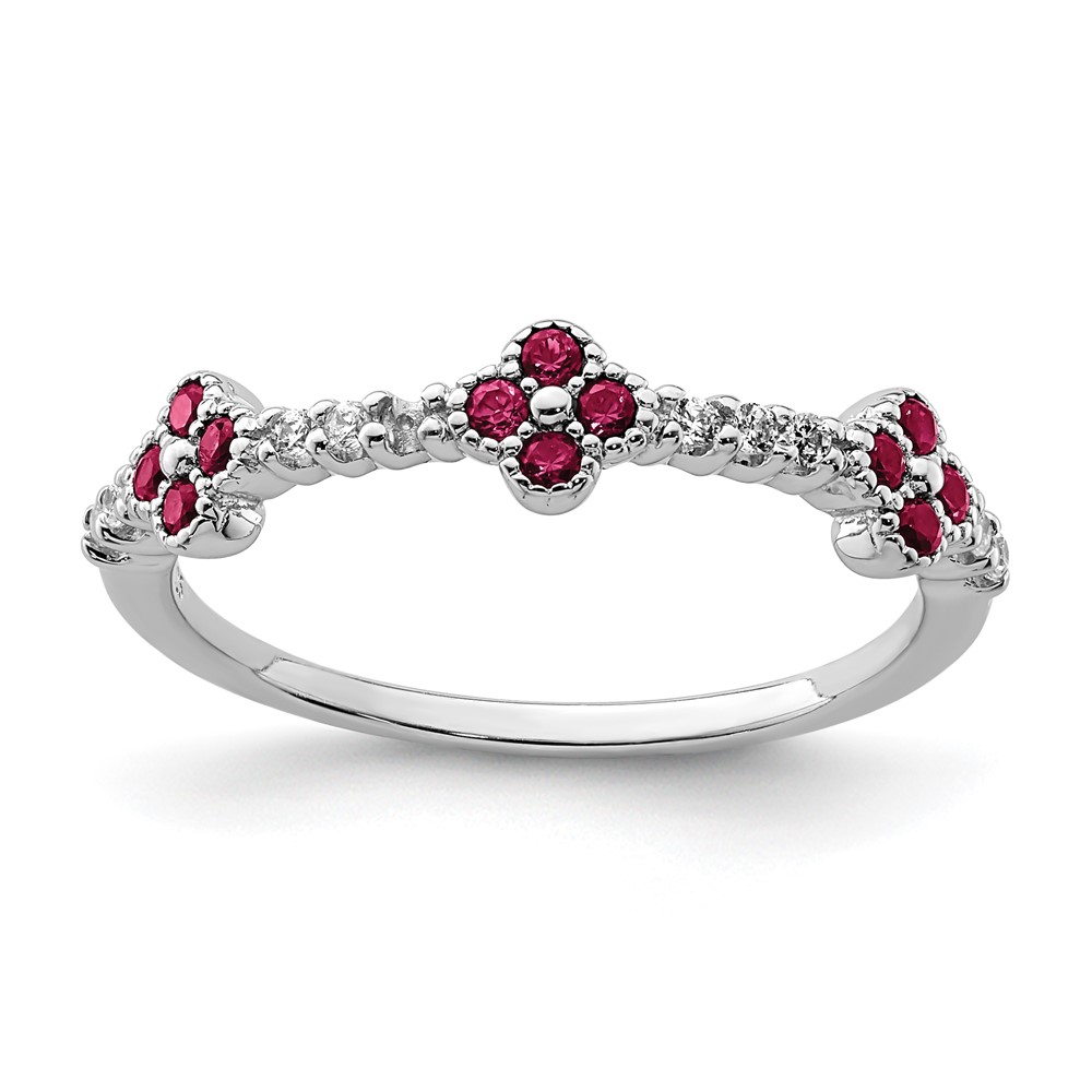 Sterling Silver Rhodium Plated Red & Clear CZ Ring