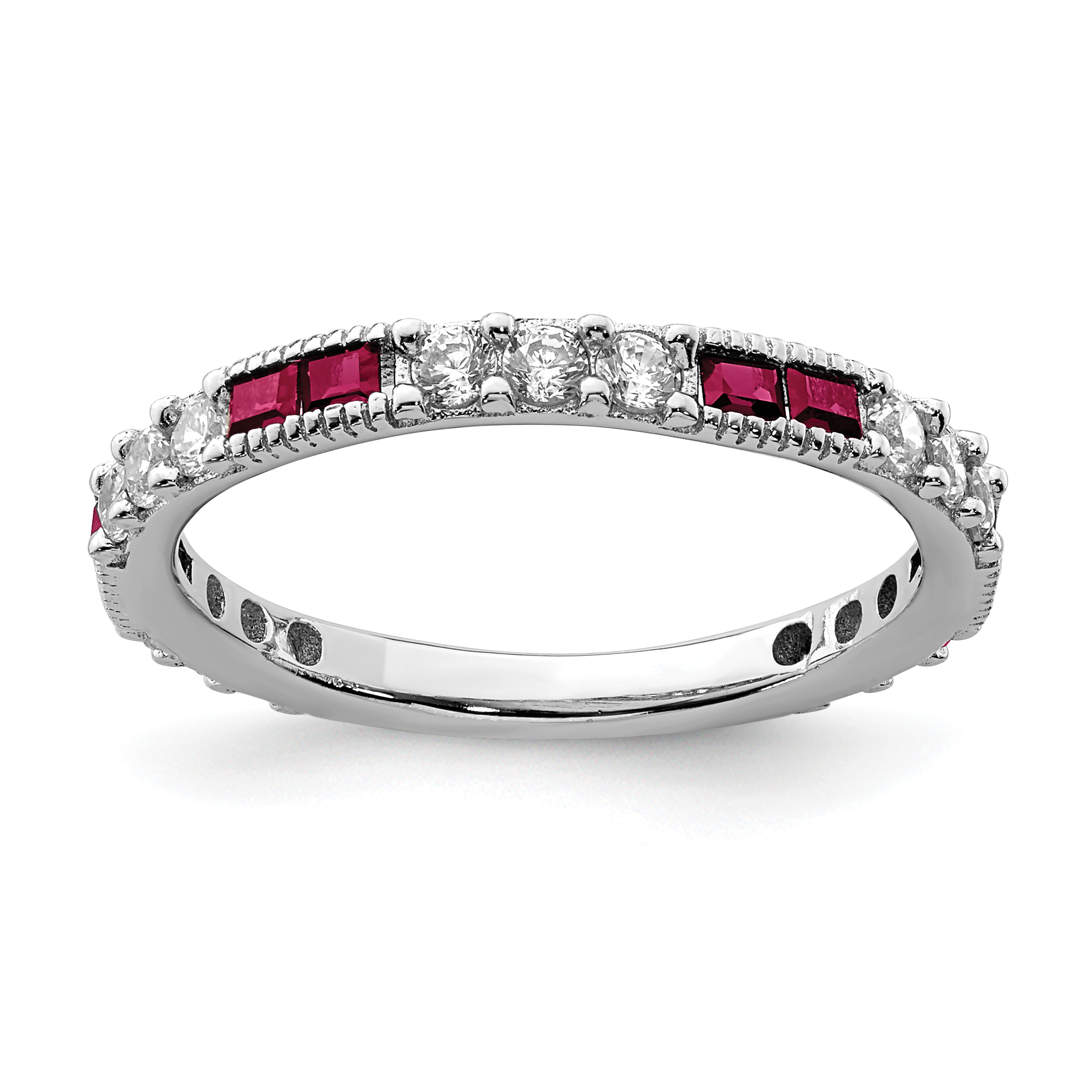 Sterling Silver Rhodium-plated Created Ruby and Round CZ Band (QR7027-7)