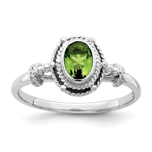 Sterling Silver Rhodium-plated Ring with Green Oval CZ Stone