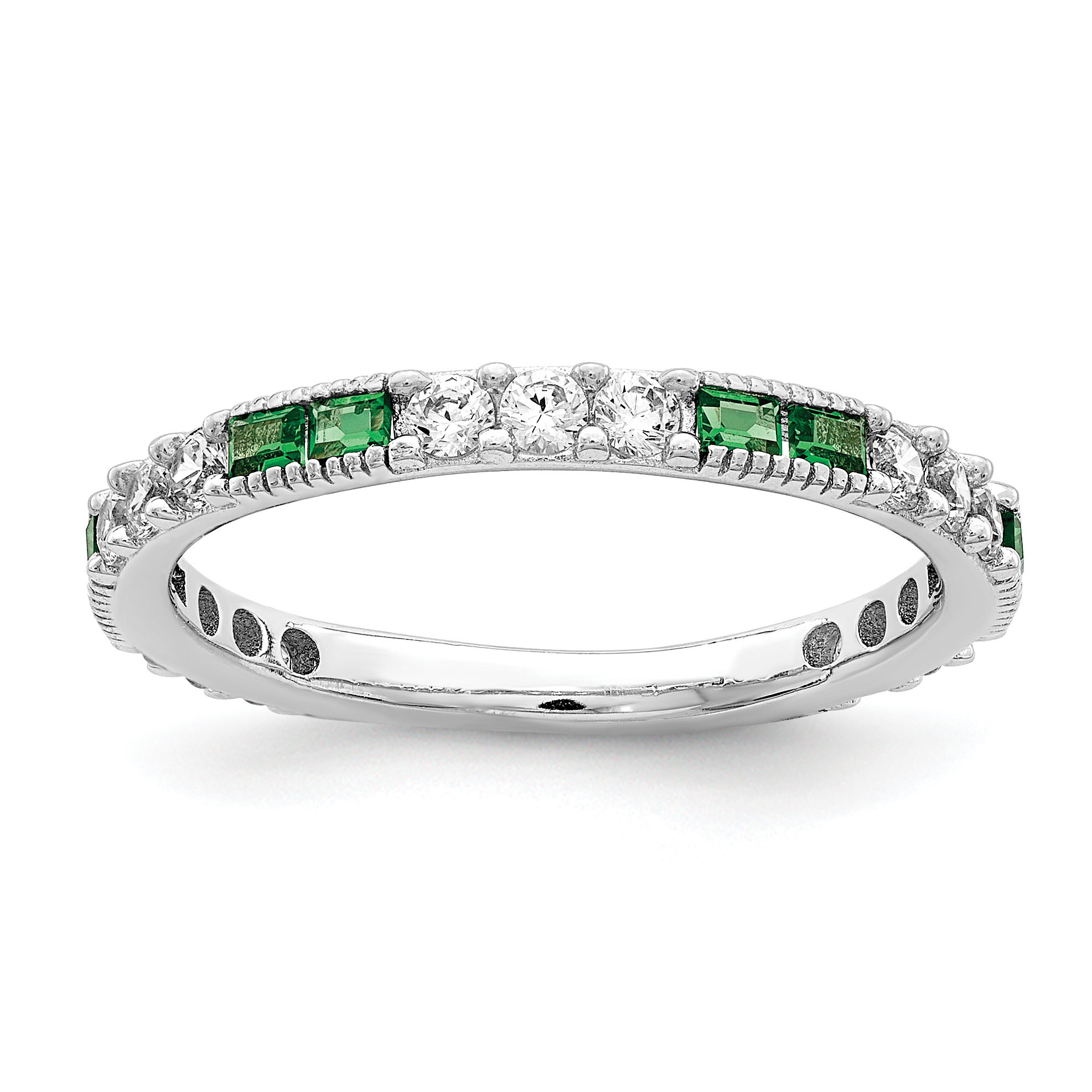 Sterling Silver Rhodium-plated Synthetic Green Spinel & CZ Band (QR7031-7)