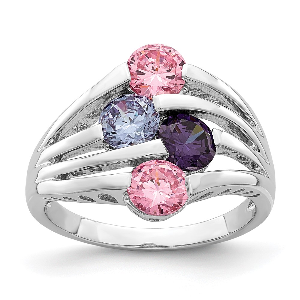 Sterling Silver Rhodium-plated Pink & Purple CZ 4-Bar Ring (QR7034-6)