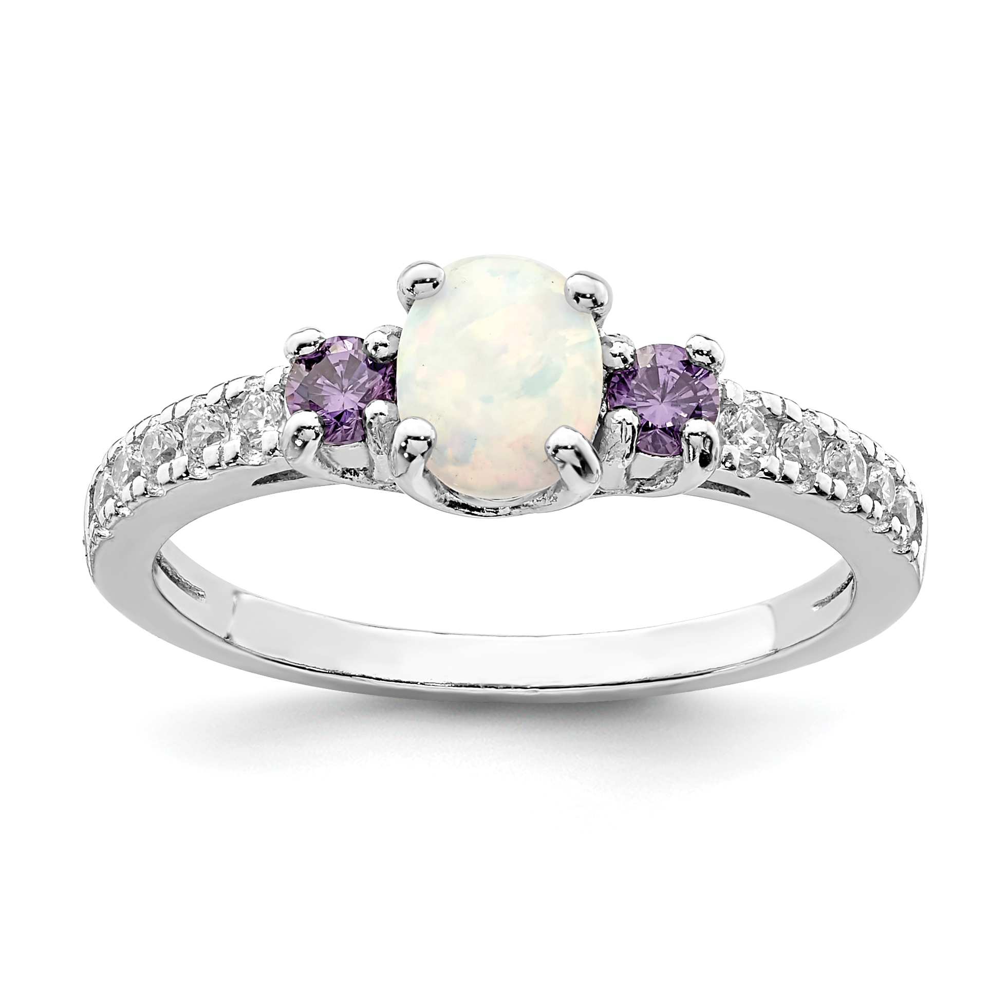 Sterling Silver Rhodium-plated Lab Created Opal/CZ Ring (QR7040-7)