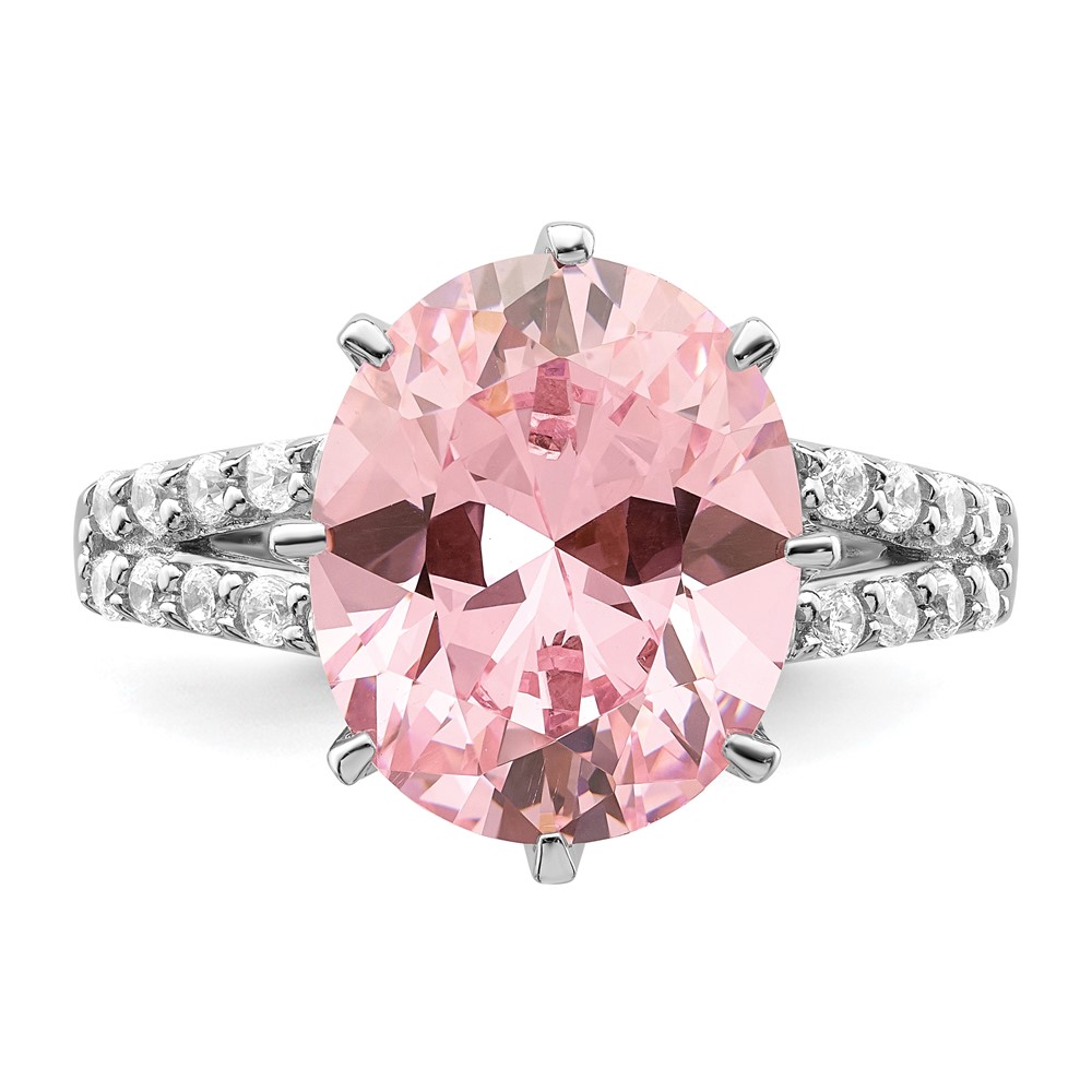 Sterling Silver Rhodium-plated 12x10 Oval Pink & White CZ Ring (QR7042-8)