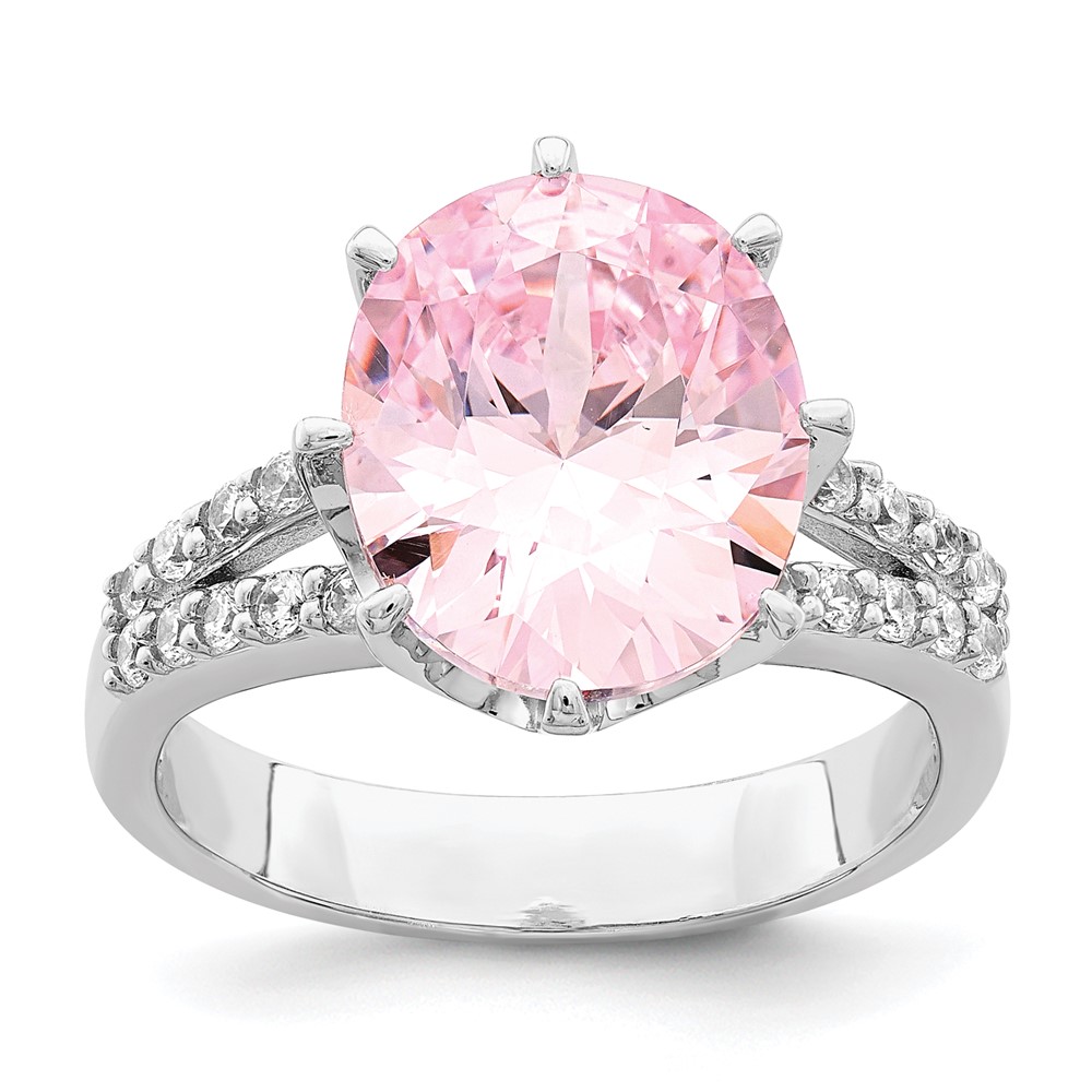 Sterling Silver Rhodium-plated 12x10 Oval Pink & White CZ Ring (QR7042-8)