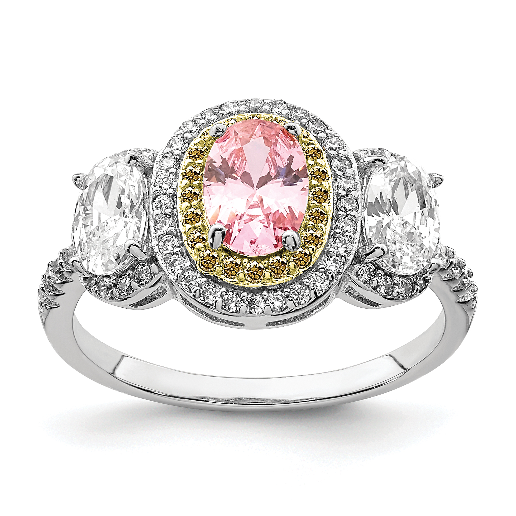 Sterling Silver Rhodium-plated Pink, White, & Yellow CZ Oval Cut Ring (QR7047-6)