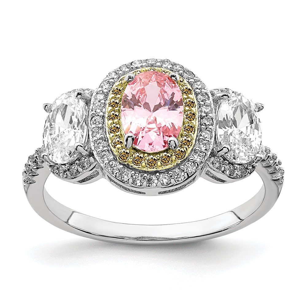 Sterling Silver Rhodium-plated Pink, White, & Yellow CZ Oval Cut Ring (QR7047-6)