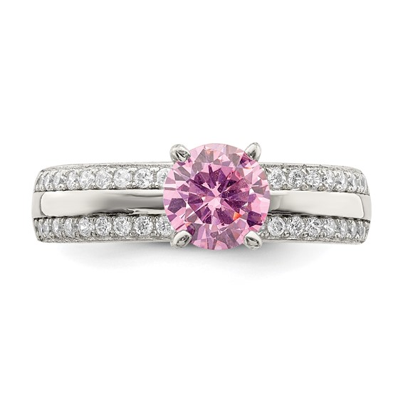 Sterling Silver Rhodium-plated Pink and Clear CZ Ring