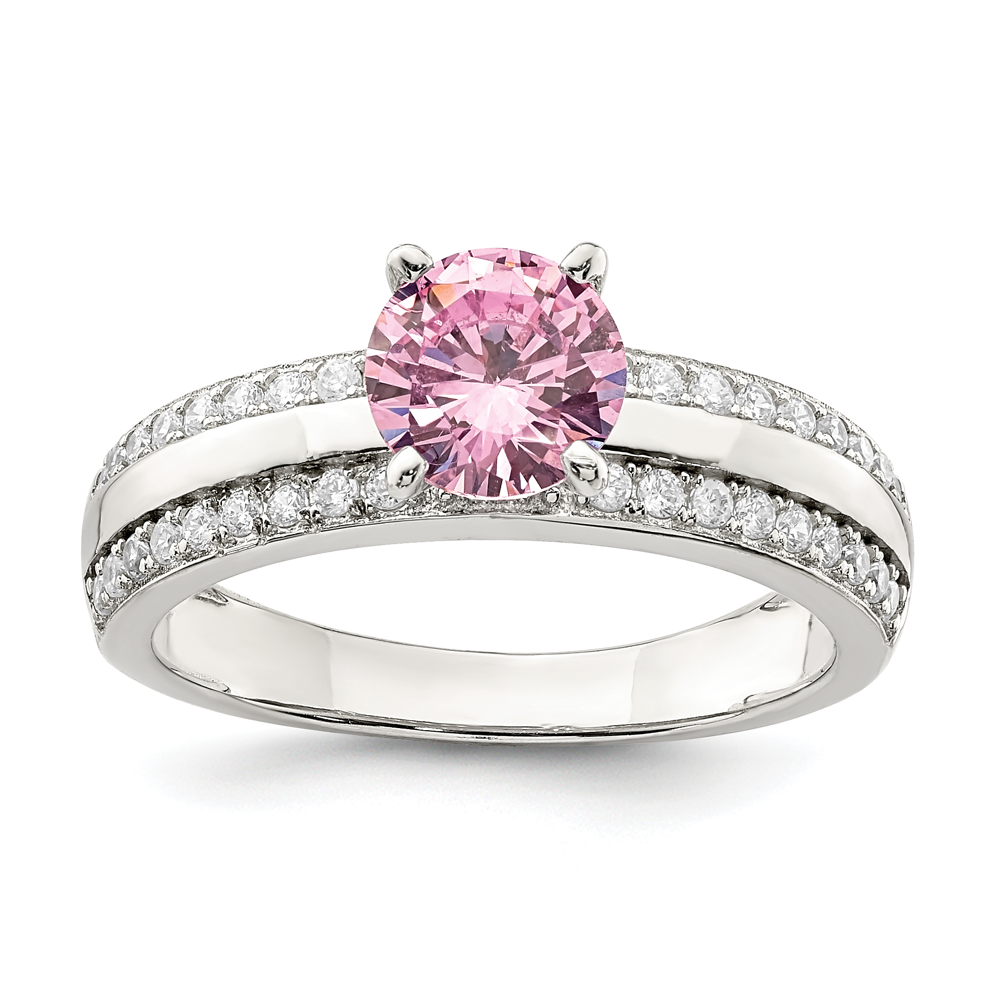Sterling Silver Rhodium-plated Pink and Clear CZ Ring (QR7048-6)