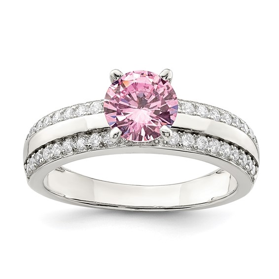 Sterling Silver Rhodium-plated Pink and Clear CZ Ring