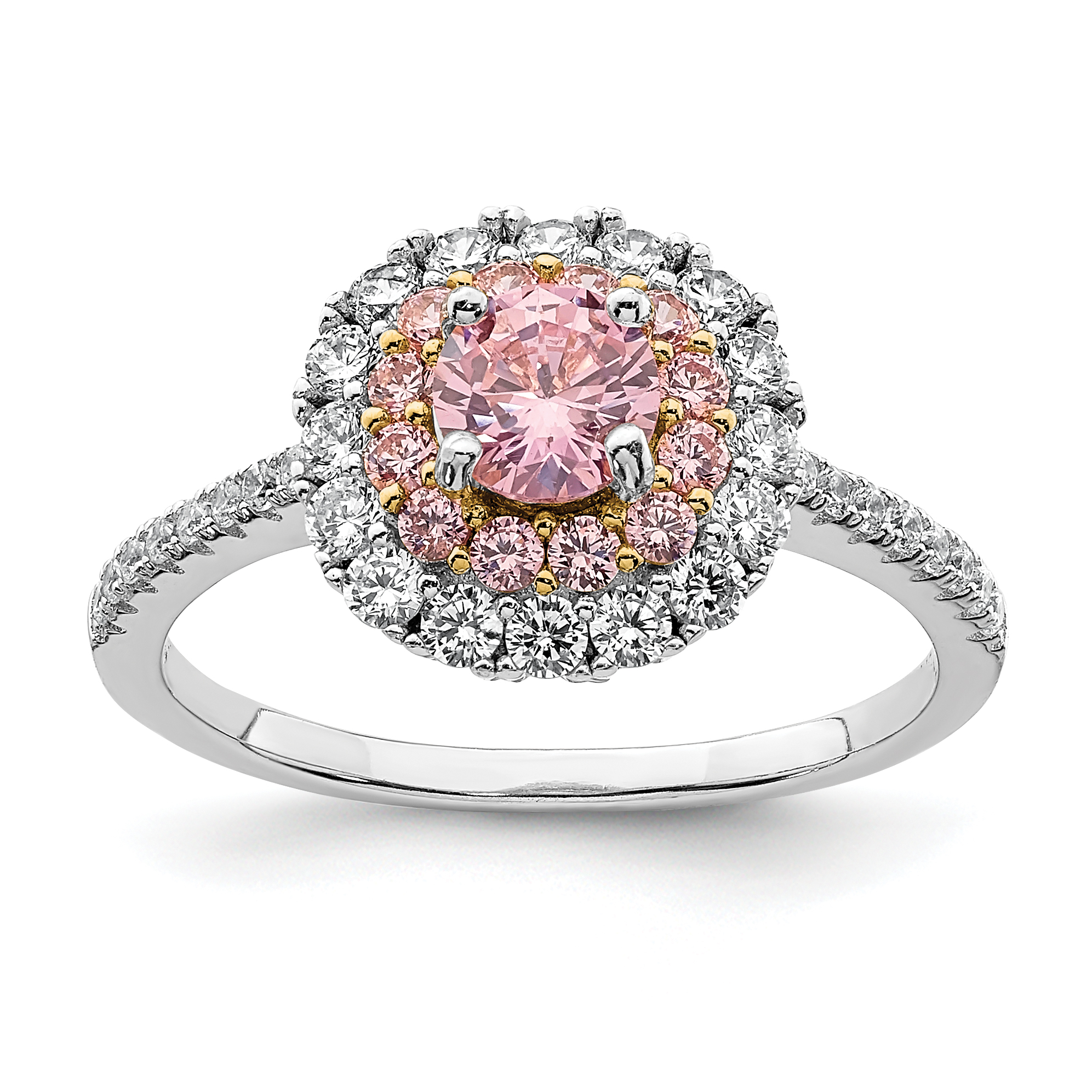 Sterling Silver Rhodium-plated/Gold-tone Pink & White CZ R/C Ring (QR7049-7)