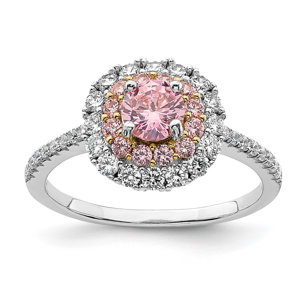 Sterling Silver Rhodium-plated/Gold-tone Pink & White CZ R/C Ring (QR7049-7)