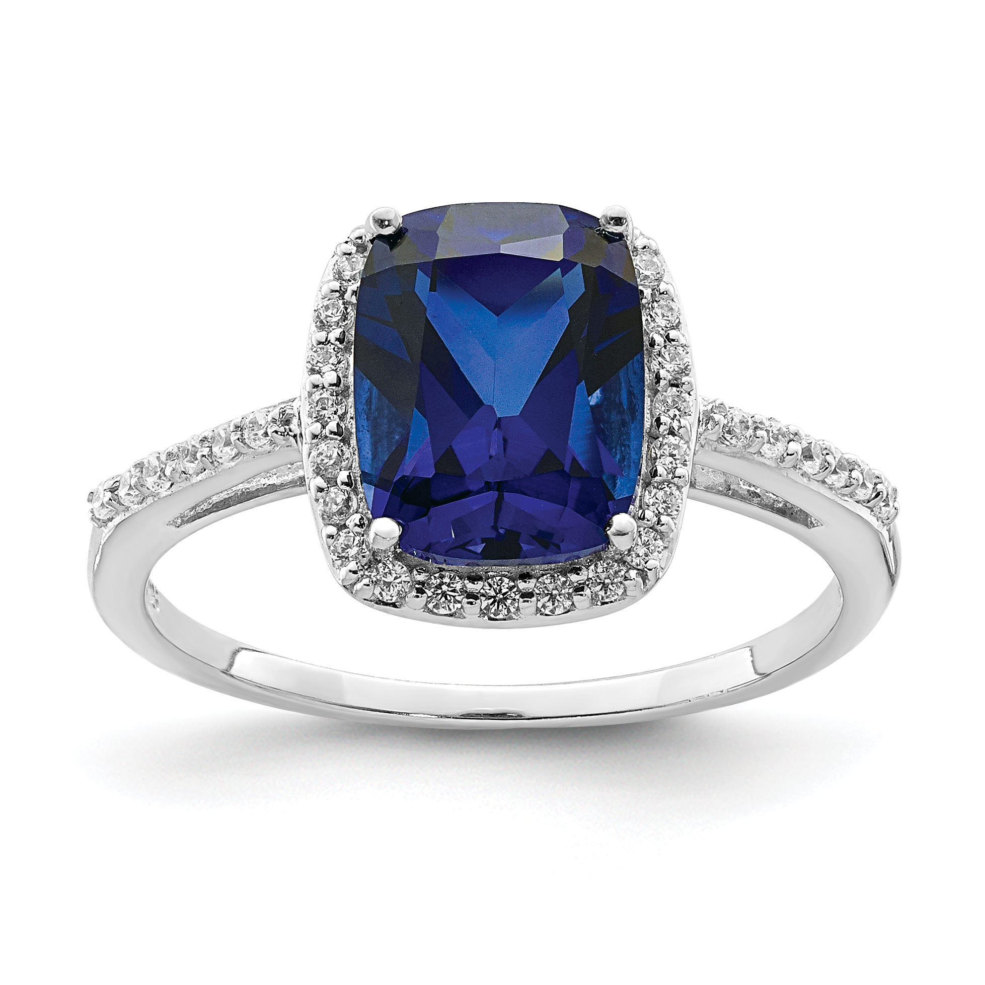 Sterling Silver Rhodium-plated Created Blue Sapphire and CZ Ring (QR7053-6)